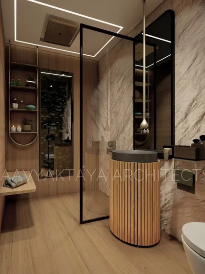 This powder room and spa concept blends natural stone and wood textures. A custom fluted pedestal sink stands as a sculptural element, while the open shelving and seating bench add functionality to the spa-like environment.