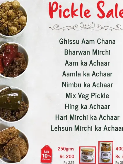 A visual guide to my pickle sale, showing some of the delicious varieties available. You can see Ghissu Aam Chana, Bharwa Mirchi, and Aamla ka Achaar, all available in 250gm and 400gm jars.