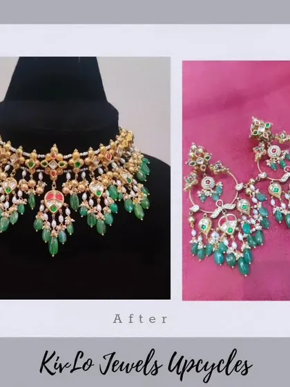 The final look of a beautiful upcycled set. An old kundan necklace was transformed into a grand choker and matching chaandbali earrings with the addition of emeralds and pearls.