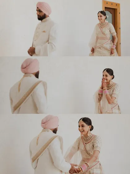 A three-part sequence of a first look, capturing the groom's anticipation, the bride's joyful reaction, and the moment they finally meet. The clean white background keeps the focus entirely on their emotions.