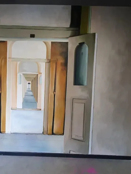 A similar view of the 'infinity doorways' section of the Microsoft mural, highlighting the perspective work involved.