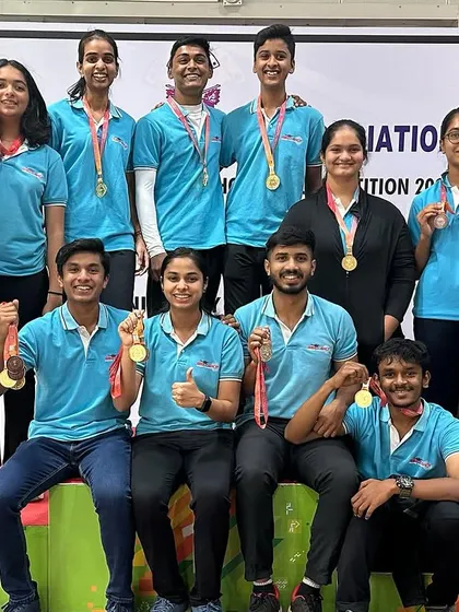 Our proud team of shooters on the podium after a fantastic performance at the Nagaraja Jagdale State Shooting Competition.