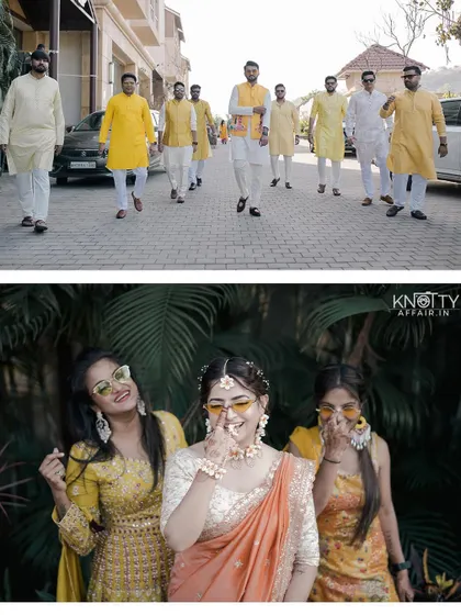 The groomsmen and bridesmaids posing for fun, stylish group photos at the Haldi event. We make sure the wedding squad gets their moment to shine.