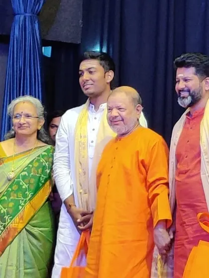 On stage with Tejomayanand Swamiji and my co-artist B.C. Manjunath anna after our performance at the Naada Bindu festival.