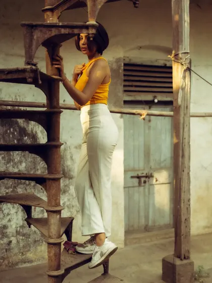 This set was shot around an old, rusty spiral staircase, using the location's texture and lines to create interesting compositions. The mix of color and B&W shows different ways to interpret the same scene.