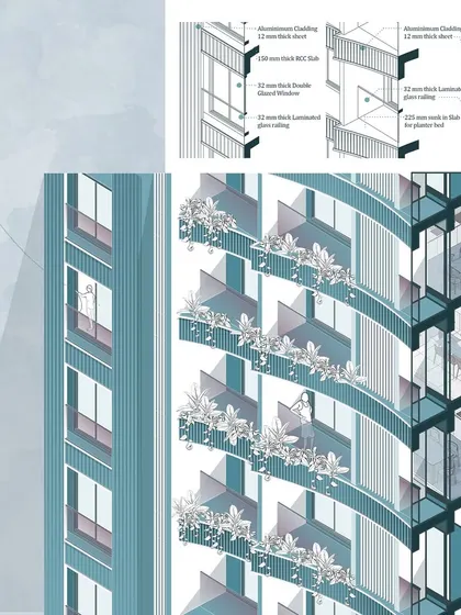 This drawing details the facade of a residential building, showing how the graceful curves of the balcony bands create a defining visual feature and invite residents to socialize.
