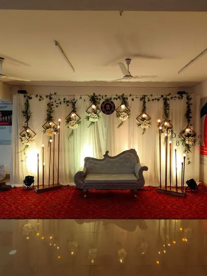 A wider shot of the modern and elegant stage for a reception or engagement.