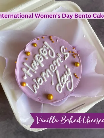 A special vanilla baked bento cheesecake for International Women's Day. This personal-sized cake is a thoughtful way to celebrate the incredible women in your life.