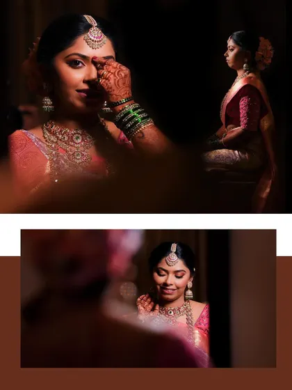A collage of the bride getting ready, capturing her final touches and her beautiful reflection.