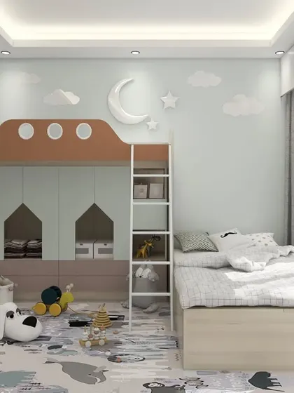 This L-shaped bunk bed configuration includes built-in storage underneath the top bunk, cleverly maximizing floor space for play.