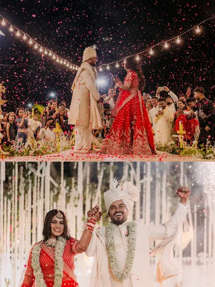 The magic of the wedding night. These shots capture the celebratory atmosphere, with the bride's makeup glowing under the festive lights.