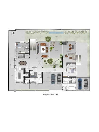 The ground floor plan of the K House, illustrating the fluid layout that connects the interior living spaces with the outdoor pool and gardens. The design emphasizes open, interconnected living.