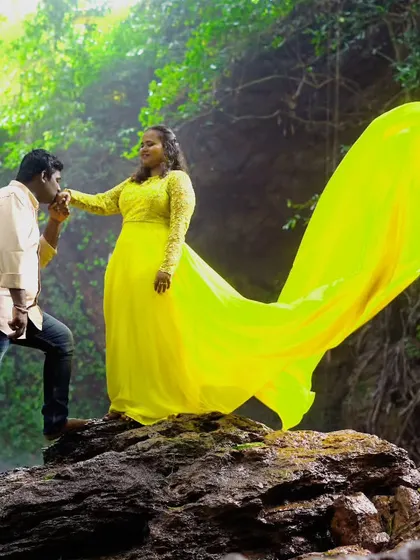 A classic romantic gesture made even more dramatic with the flowing yellow gown. I handle the complete look, including makeup, hair, and the statement outfit.