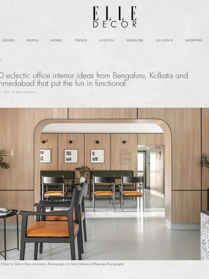 Our Dr. Banerjee's Clinic project was featured by Elle Decor India in a list of "10 eclectic office interior ideas." We are honored to be included for our work in creating functional and fun spaces.