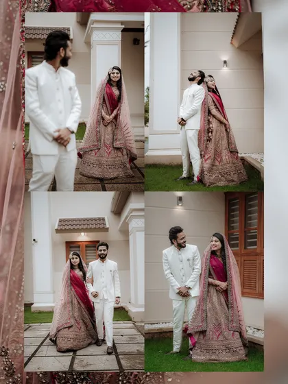 A collage of a couple in their wedding attire, capturing their happy interactions and classic portraits outside the venue.