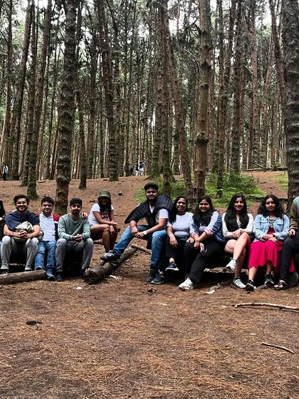 The whole group relaxing on logs in the pine forest, a classic Kodaikanal experience.