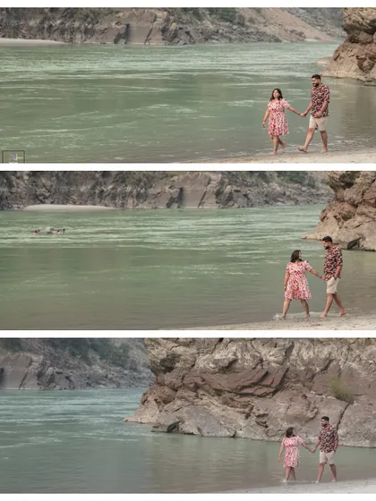 A series of wide shots showing the couple taking a romantic stroll along the riverbank, emphasizing the vastness and beauty of the landscape.