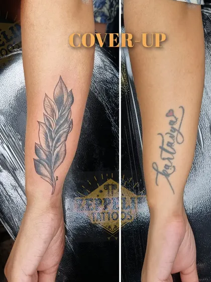 A side-by-side comparison of a name tattoo cover-up. I designed a shaded leaf tattoo to perfectly obscure the old script, providing an elegant and natural-looking solution for tattoo regret.