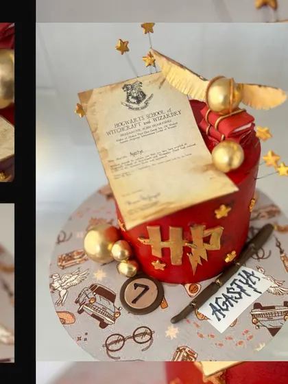 Our Harry Potter cake appears in a still photograph, with spell books, a wand and an acceptance-letter detail.