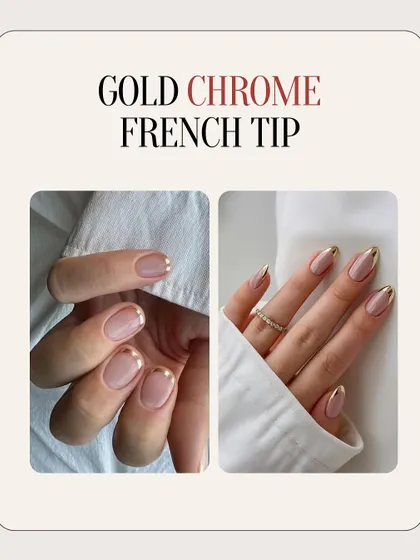 A classic gold chrome French tip. This is a perfect example of how to add a touch of luxury to a minimal look, with a clean gold line defining the nail.