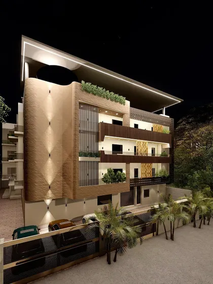 This is a 3D visualization of a modern home facade I designed, showing how I approach architecture from the outside in. I used a combination of textured concrete, wood paneling, and integrated planters to create a dynamic yet harmonious exterior. The lighting is designed to highlight the building's form at night, turning the home into a landmark of quiet elegance.