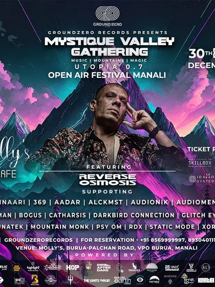 Another version of the Mystique Valley Gathering flyer, featuring headliner Reverse Osmosis for our NYE techno festival in Manali.