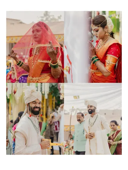 A four-part collage showing candid moments of the bride and groom during their wedding rituals.