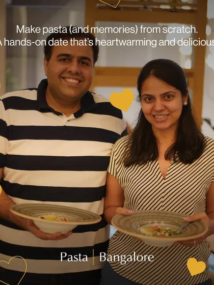 Making pasta and memories from scratch. This couple proudly presents the delicious dishes they created together during one of our hands-on pasta workshops in Bangalore.
