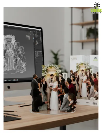 Capturing a cherished family moment in 3D. This beautiful figurine immortalizes a group photo from the wedding day, making it a perfect family heirloom.
