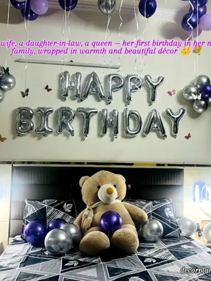 A first birthday in a new home is such a special milestone. I designed this cozy and loving surprise for a wife's first birthday at her sasural, using her favorite colors and a cute teddy bear to make her feel cherished and welcomed.