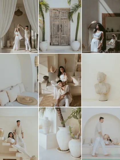 A collage showcasing the variety of an indoor Bali pre-wedding shoot. It features a mix of playful dancing, serene poses, and artistic details, all tied together by a neutral color palette and beautiful natural light.