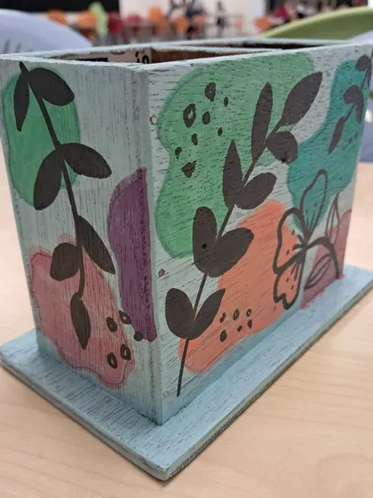 A different view of the same pencil stand, showing how the design wraps around the sides.