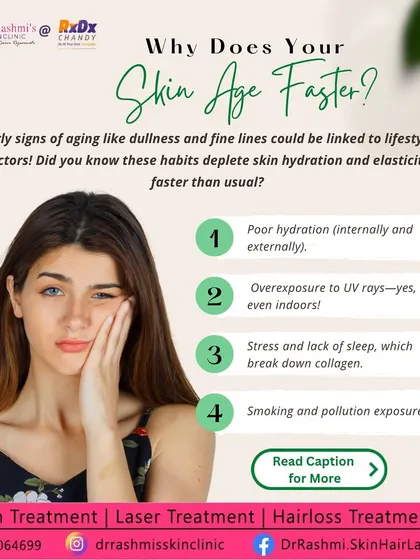 This graphic explains why your skin might be aging faster than you expect. Lifestyle factors like poor hydration, UV exposure, stress, and pollution deplete skin elasticity and can be counteracted with the right habits and treatments.