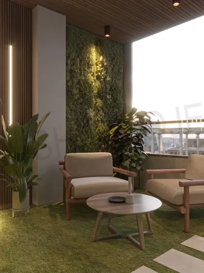 A 3D design for a modern balcony in Gurgaon. The render shows how we use vertical wood paneling, linear LED lights, and a vertical garden to create a cozy and stylish retreat.