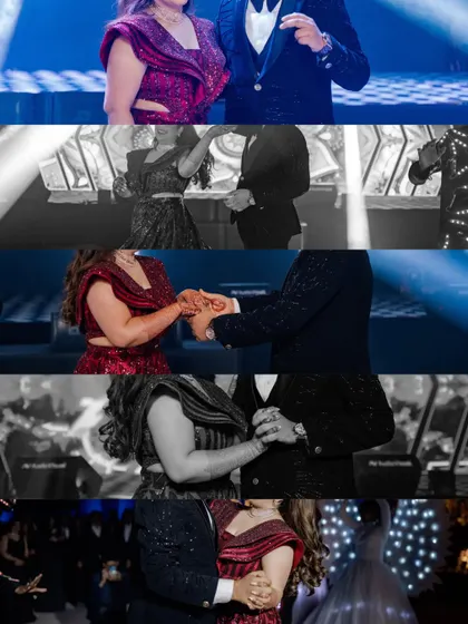 A collage of close-up and dance moments from Jatin and Muskan's Sangeet. The mix of color and black and white highlights the emotion and energy of their performance.