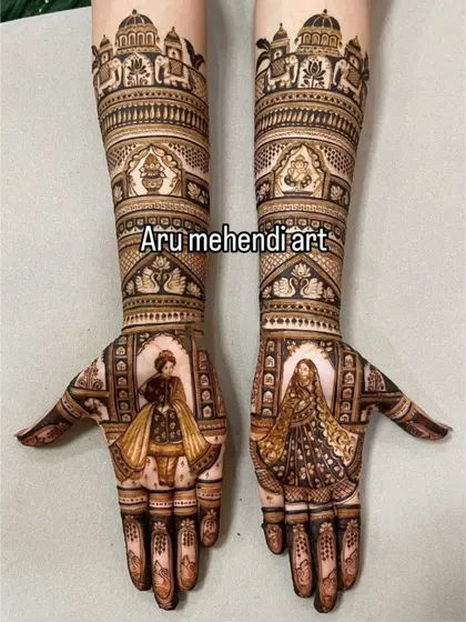 An elegant and classic portrait design of a bride and groom in their royal wedding attire.