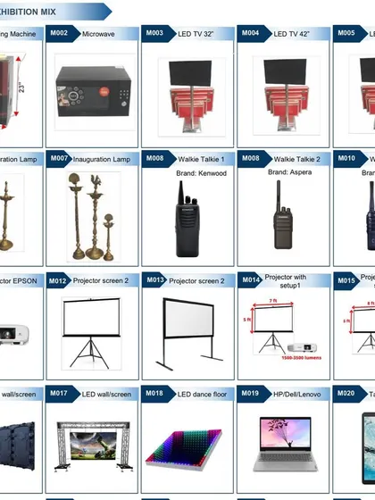 Our range of exhibition and AV equipment available for rent. This includes LED screens of various sizes, projectors, walkie-talkies, and even LED dance floors for your event.