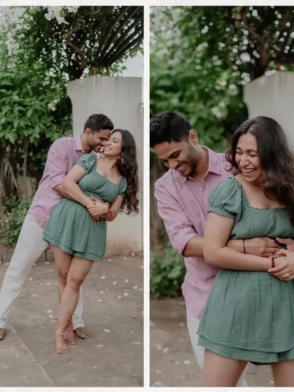 A collage of candid and laughing moments, showing the genuine joy and connection between the couple.
