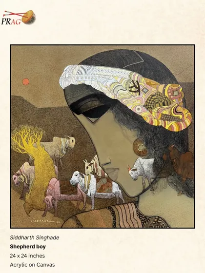 'Shepherd boy' by Siddharth Singhade, a poignant and stylized portrait where the boy's world and his flock are intertwined within his own silhouette.