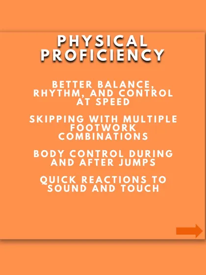 Physical proficiency for 8-10 year olds involves better balance and control at speed, complex footwork, and quick reactions. These are key indicators of athletic development.
