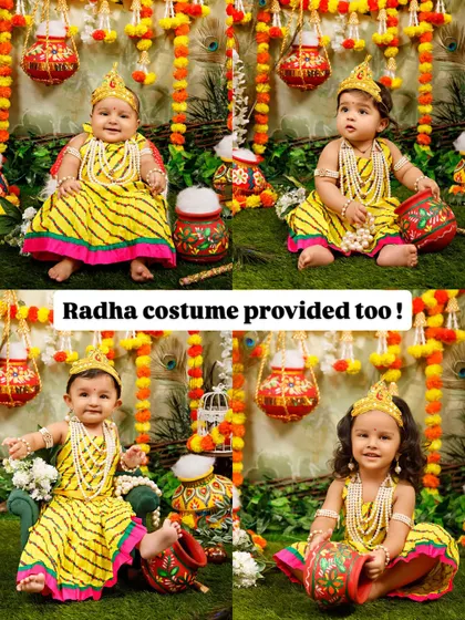 A collage showcasing the adorable Radha costumes and props that are included in my Janmashtami mini sessions.