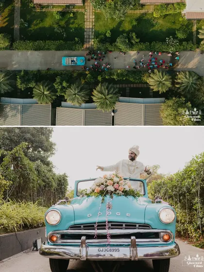 The groom makes a stylish entry in a vintage blue Dodge, a unique and fun baraat idea that adds personality to the wedding.