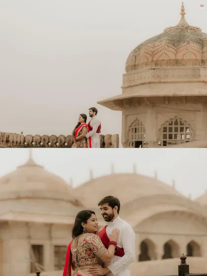 The majestic domes of a Jaipur fort provide a stunning backdrop for this couple's elegant and timeless portrait.