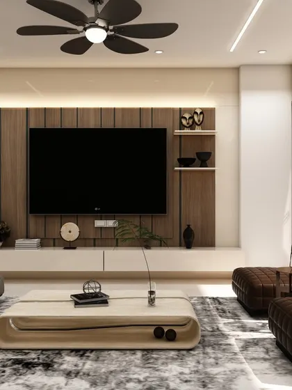 A close-up of the TV unit in this modern living room, showcasing a combination of wood paneling and clean white storage that is both functional and aesthetically pleasing.