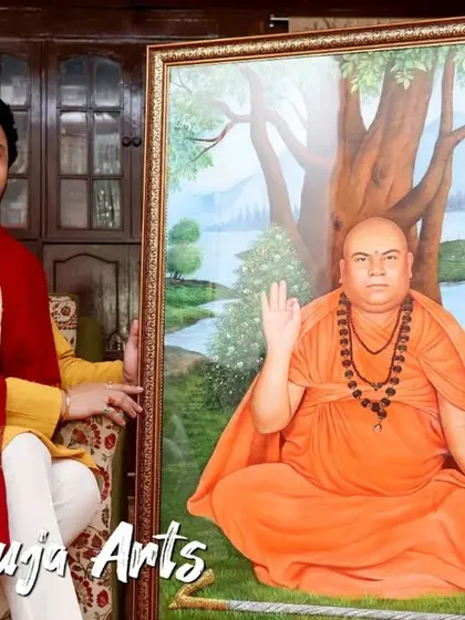 This painting for the Shri Mohan Jagdishwar Ashram shows the Guru in a pose of blessing. My goal was to infuse the canvas with the same spiritual energy and tranquility that one feels in his presence.