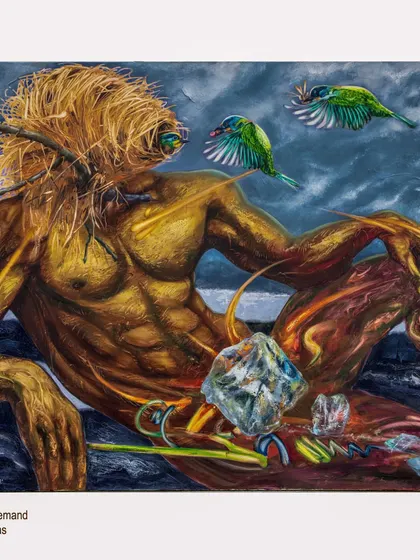 A detailed view of my painting "Supply vs Demand." The nest for a head and the birds represent nature, while the crystalline forms symbolize material desires.