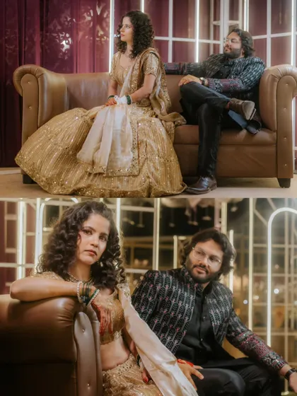 A series of stylish portraits of Shivani and Anubhav on a leather couch during their Sangeet, showcasing their chemistry and fashionable outfits.