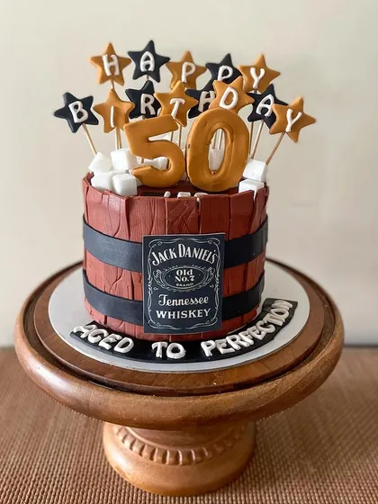 Another angle of the impressive whiskey barrel cake.