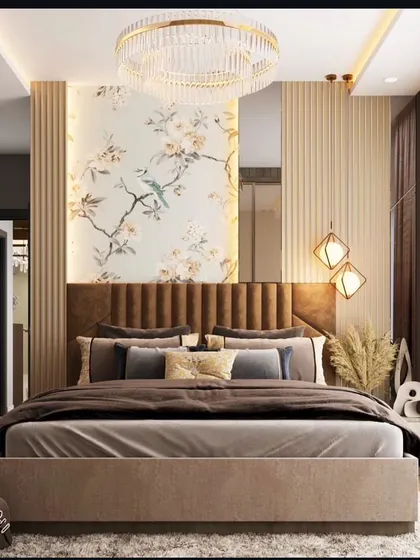 This master bedroom visualization showcases a blend of luxury and comfort, featuring a statement chandelier, a floral accent wall, and layered textures to create a serene and sophisticated personal retreat.