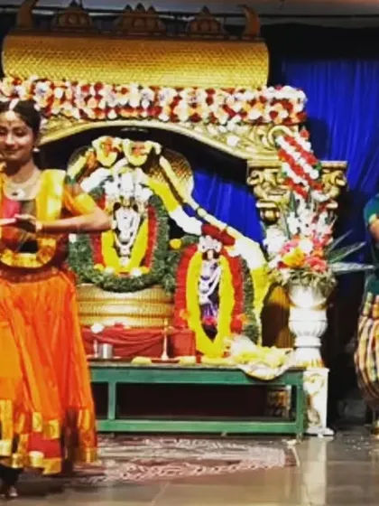 Two of our dancers performing a Bharatanatyam piece as part of the festival, showcasing the grace and precision of the art form.
